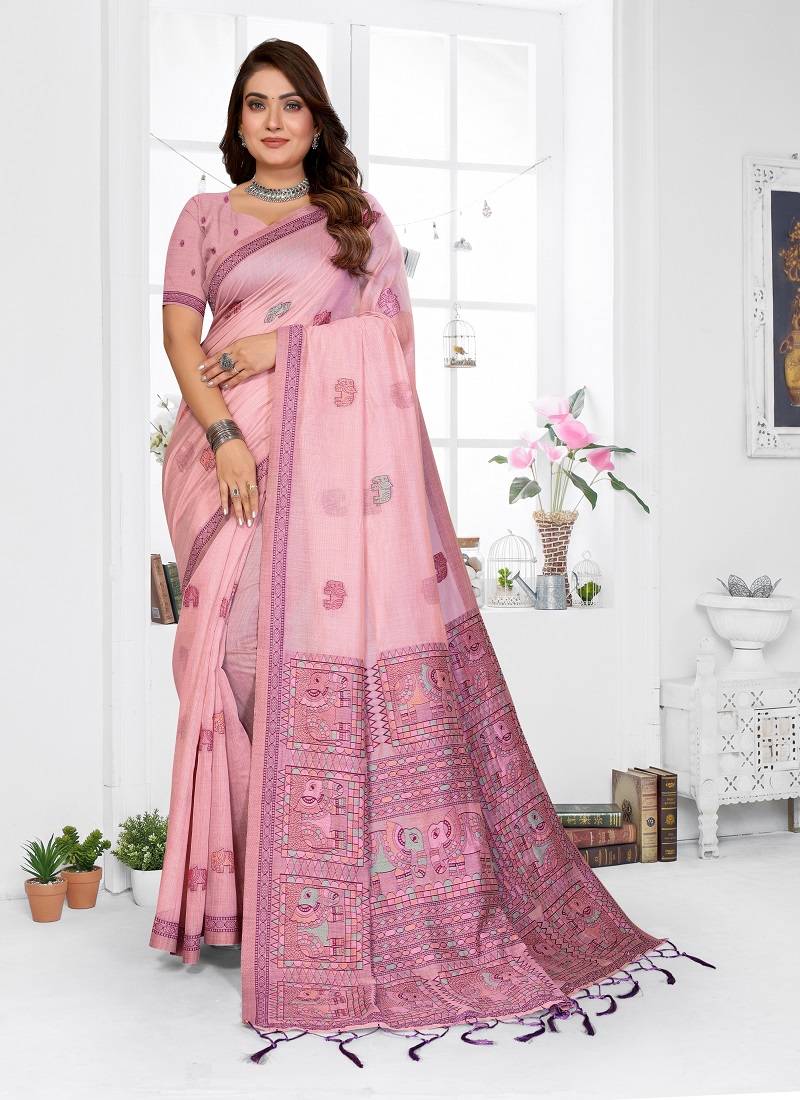 light pink jacquard weaving work cotton blend saree