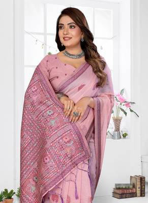 light pink jacquard weaving work cotton blend saree 2