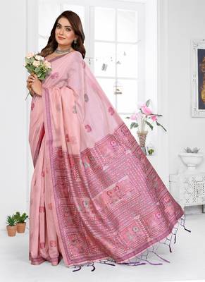 light pink jacquard weaving work cotton blend saree 3