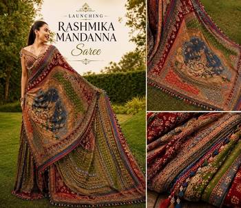 Women   s traditional printed silk blend saree with krishna kalamkari style art print, 2