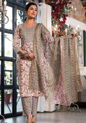 Mirchi Fashion Women's Pink Floral Print Pure Cotton Kurti With Bottom & Dupatta set 1