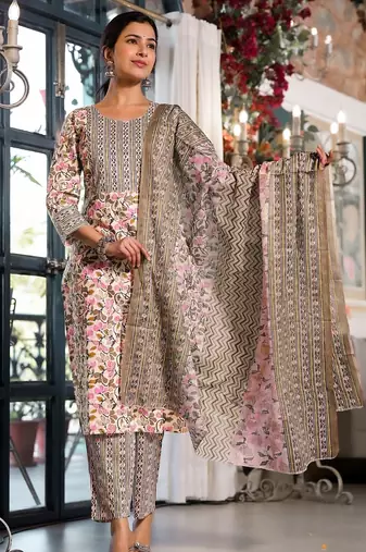 Mirchi Fashion Women's Pink Floral Print Pure Cotton Kurti With Bottom & Dupatta set