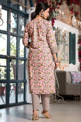 Mirchi Fashion Women's Pink Floral Print Pure Cotton Kurti With Bottom & Dupatta set 2