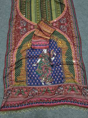 Women   s traditional printed silk blend saree with krishna kalamkari style art print, 4
