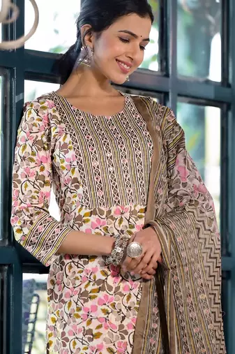 Mirchi Fashion Women's Pink Floral Print Pure Cotton Kurti With Bottom & Dupatta set