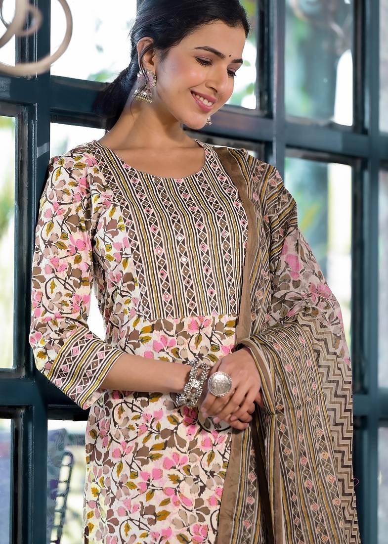 Mirchi Fashion Women's Pink Floral Print Pure Cotton Kurti With Bottom & Dupatta set