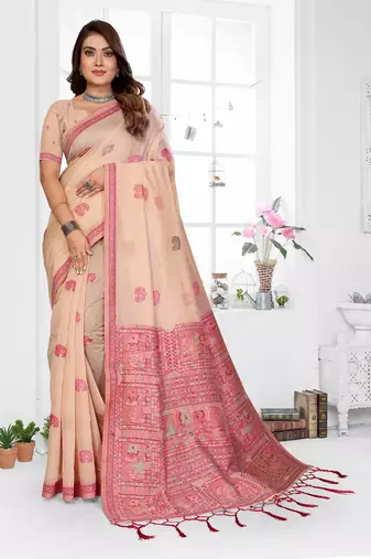 peach jacquard weaving work cotton blend saree