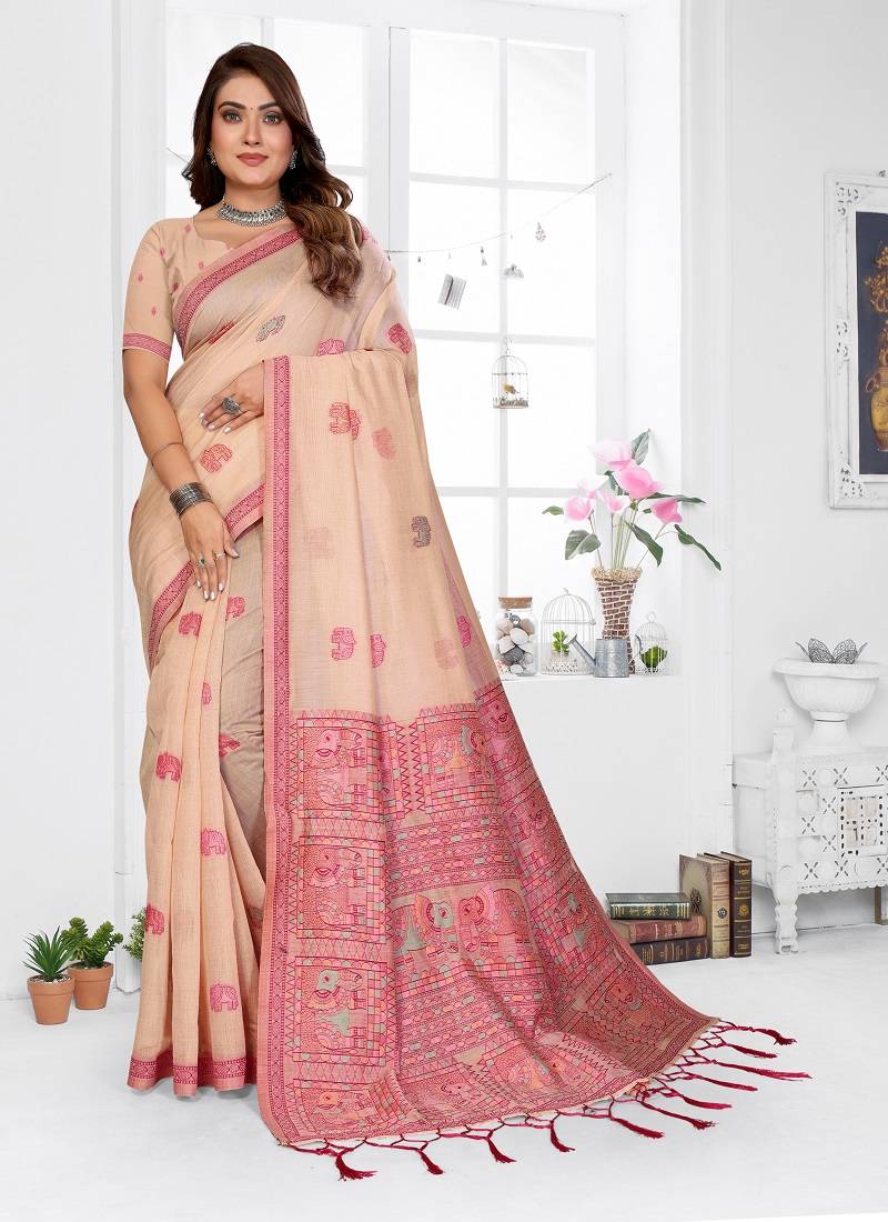 peach jacquard weaving work cotton blend saree