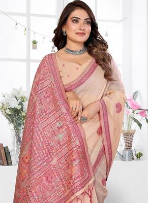 peach jacquard weaving work cotton blend saree 2