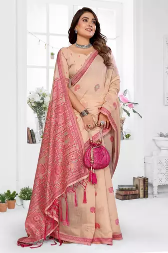 peach jacquard weaving work cotton blend saree