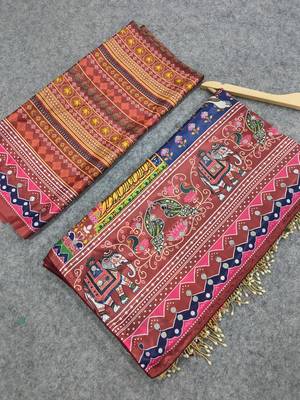 Women   s traditional printed silk blend saree with krishna kalamkari style art print, 5