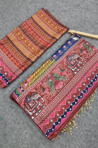 Women   s traditional printed silk blend saree with krishna kalamkari style art print,