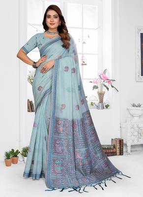 sky blue jacquard weaving work cotton blend saree 1