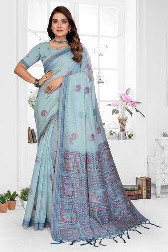 sky blue jacquard weaving work cotton blend saree