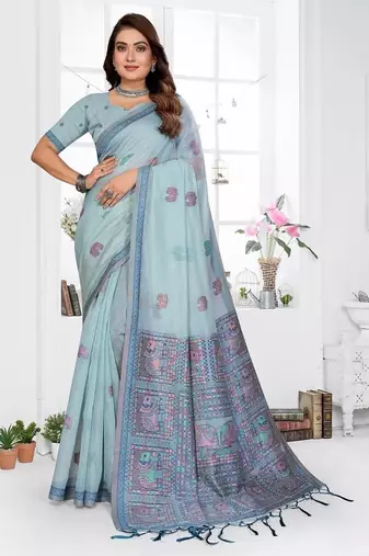 sky blue jacquard weaving work cotton blend saree