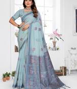 sky blue jacquard weaving work cotton blend saree
