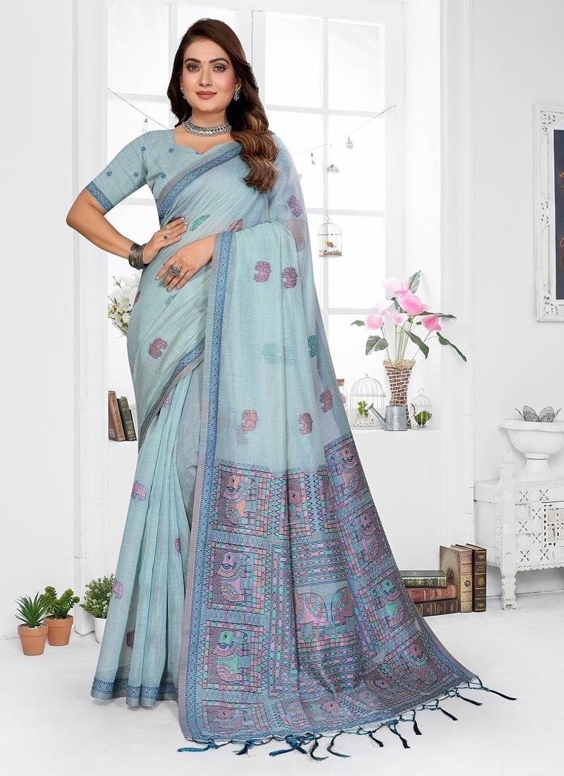 sky blue jacquard weaving work cotton blend saree