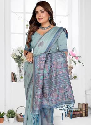 sky blue jacquard weaving work cotton blend saree 2