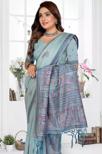 sky blue jacquard weaving work cotton blend saree