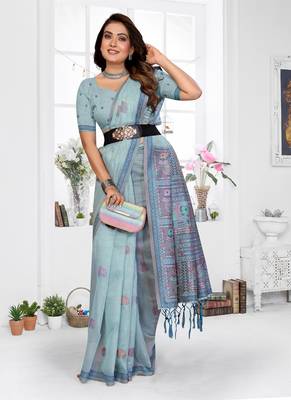 sky blue jacquard weaving work cotton blend saree 3