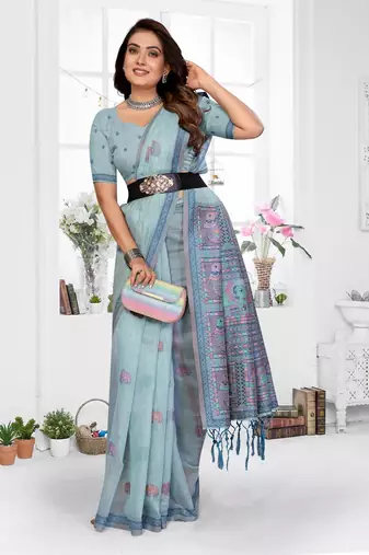 sky blue jacquard weaving work cotton blend saree