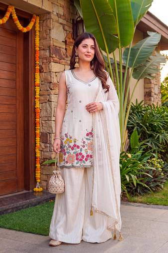 Women's Gorgeous Embroidery Work French Crepe Fabric Straight Kurta Sharara and Dupatta Set