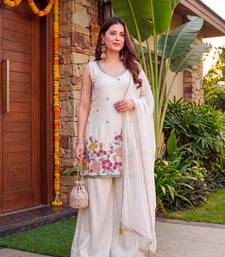 Women's Gorgeous Embroidery Work French Crepe Fabric Straight Kurta Sharara and Dupatta Set