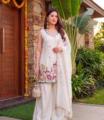 Women's Gorgeous Embroidery Work French Crepe Fabric Straight Kurta Sharara and Dupatta Set