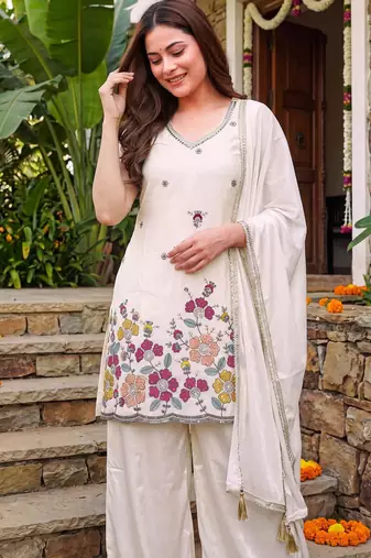Women's Gorgeous Embroidery Work French Crepe Fabric Straight Kurta Sharara and Dupatta Set
