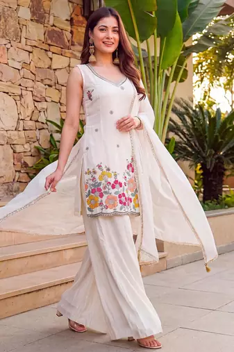 Women's Gorgeous Embroidery Work French Crepe Fabric Straight Kurta Sharara and Dupatta Set