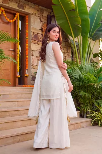 Women's Gorgeous Embroidery Work French Crepe Fabric Straight Kurta Sharara and Dupatta Set