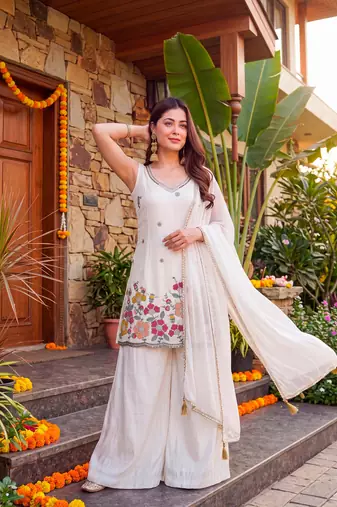 Women's Gorgeous Embroidery Work French Crepe Fabric Straight Kurta Sharara and Dupatta Set