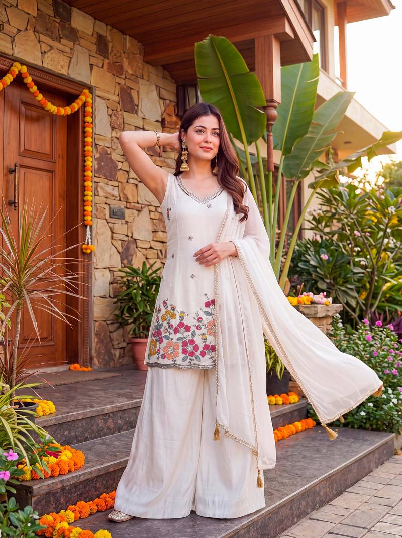 Women's Gorgeous Embroidery Work French Crepe Fabric Straight Kurta Sharara and Dupatta Set