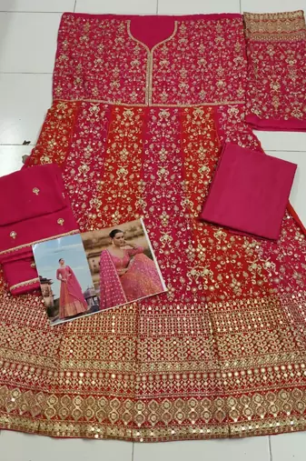 Pink heavy embroidered faux georgette Semi stitched anarkali suit