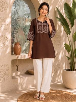 Women's chocolate embroidered straight kurta with pant set for women 1
