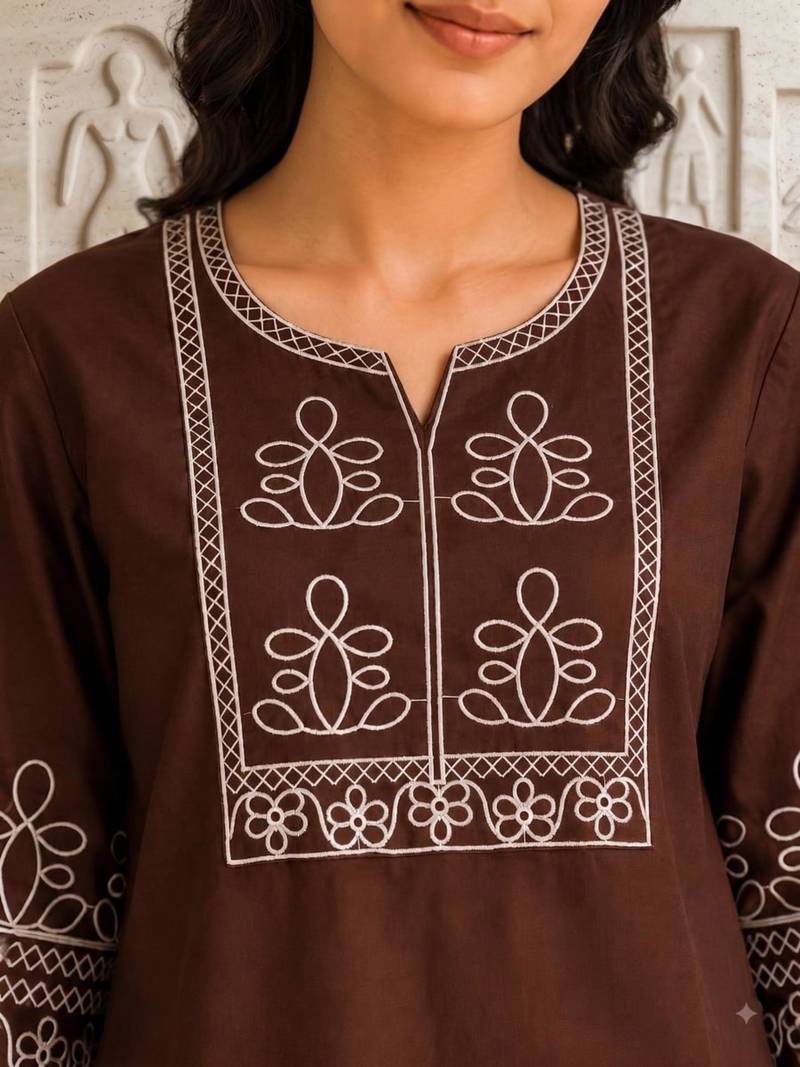 Women's chocolate embroidered straight kurta with pant set for women
