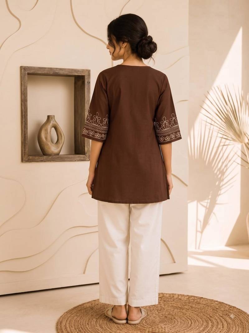 Women's chocolate embroidered straight kurta with pant set for women