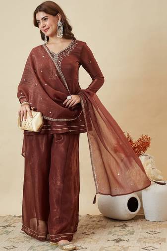 Women's Gorgeous Embroidery Work Fandy Silk Fabric Flared Kurta Palazzo and Dupatta Set