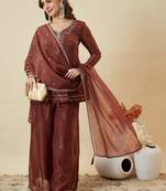 Women's Gorgeous Embroidery Work Fandy Silk Fabric Flared Kurta Palazzo and Dupatta Set