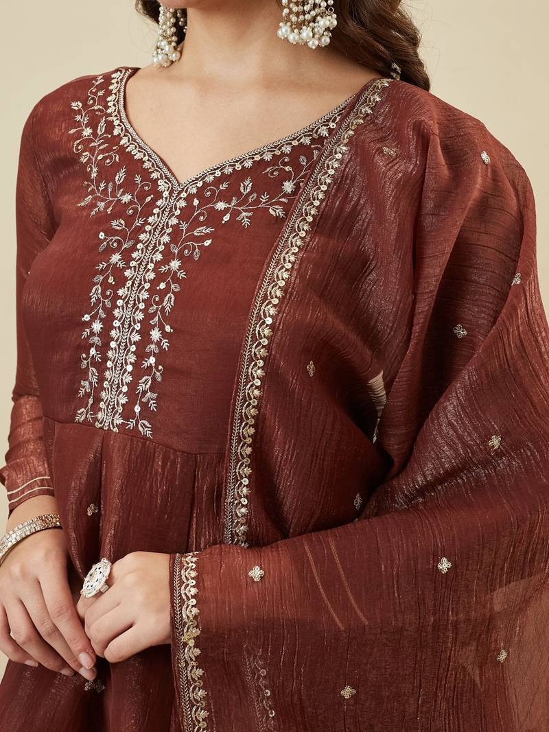 Women's Gorgeous Embroidery Work Fandy Silk Fabric Flared Kurta Palazzo and Dupatta Set
