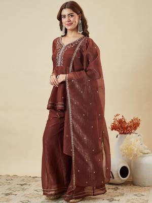 Women's Gorgeous Embroidery Work Fandy Silk Fabric Flared Kurta Palazzo and Dupatta Set 3