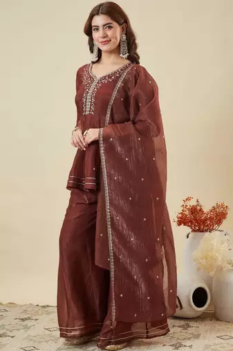Women's Gorgeous Embroidery Work Fandy Silk Fabric Flared Kurta Palazzo and Dupatta Set