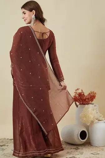 Women's Gorgeous Embroidery Work Fandy Silk Fabric Flared Kurta Palazzo and Dupatta Set