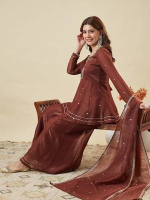 Women's Gorgeous Embroidery Work Fandy Silk Fabric Flared Kurta Palazzo and Dupatta Set 5