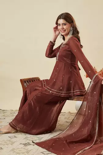Women's Gorgeous Embroidery Work Fandy Silk Fabric Flared Kurta Palazzo and Dupatta Set