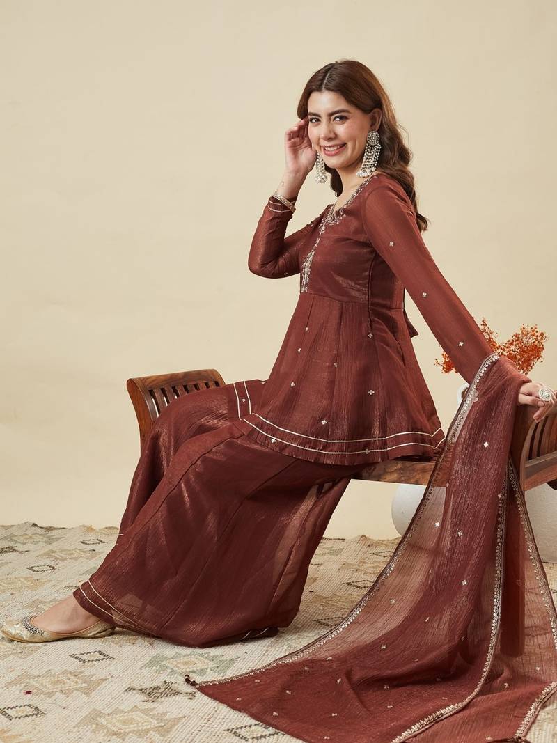 Women's Gorgeous Embroidery Work Fandy Silk Fabric Flared Kurta Palazzo and Dupatta Set