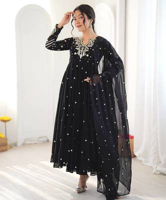 Black embroidered anarkali kurta with pant and dupatta set for festive & party wear 1