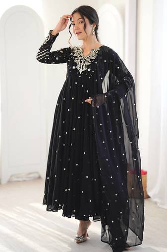 Black embroidered anarkali kurta with pant and dupatta set for festive & party wear