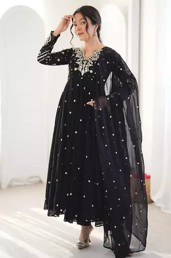 Black embroidered anarkali kurta with pant and dupatta set for festive & party wear