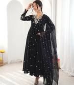 Black embroidered anarkali kurta with pant and dupatta set for festive & party wear